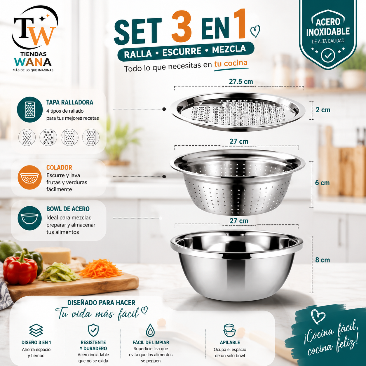 Set Bowl Con Colador Y Rayador