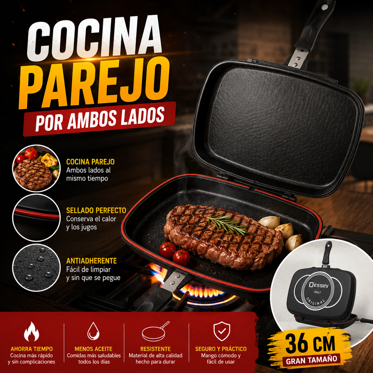 Sarten Doble Parrilla 36 Cm