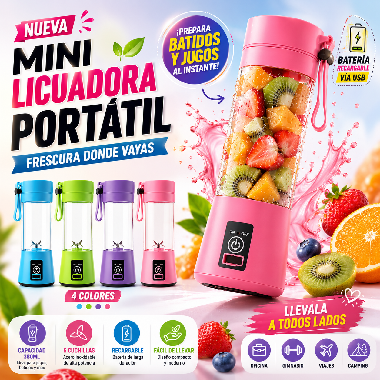 Mini Licuadora Portatil 380ml Recargable