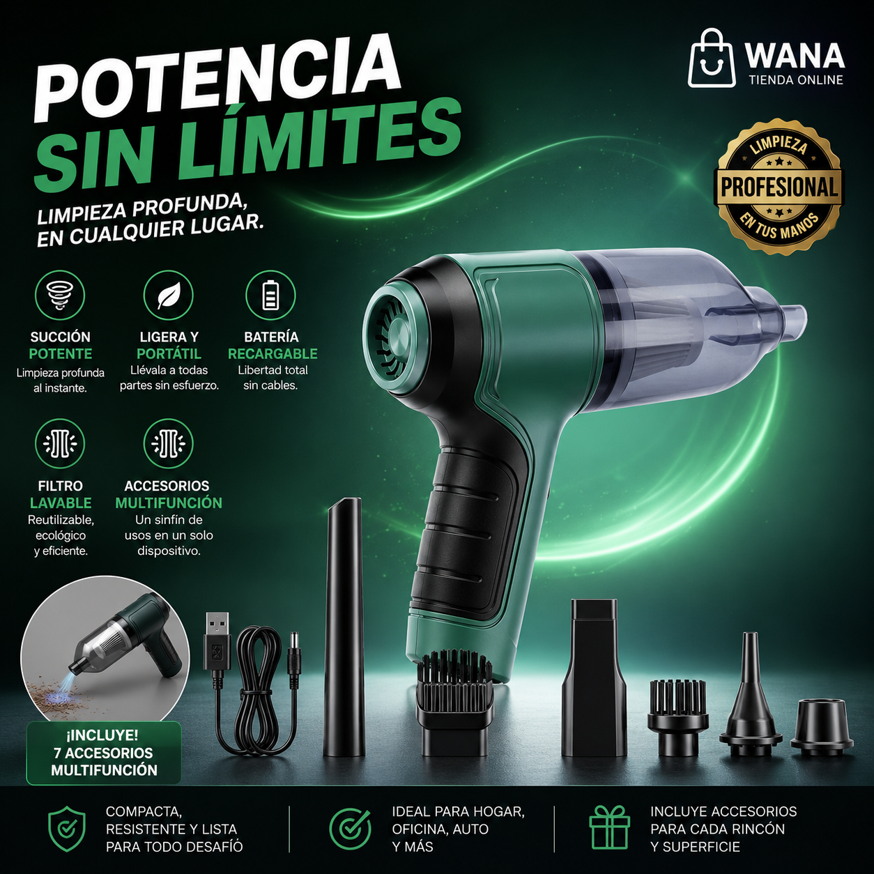 Aspiradora Portátil Recargable Multifuncional