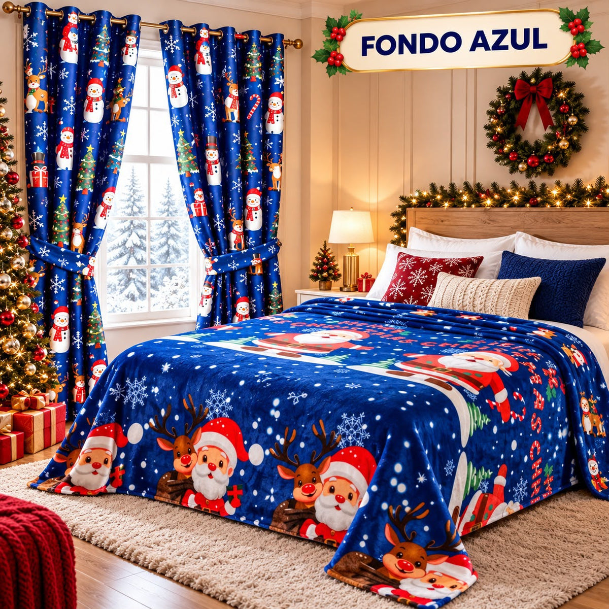 Combo navideño cortinas y cobija
